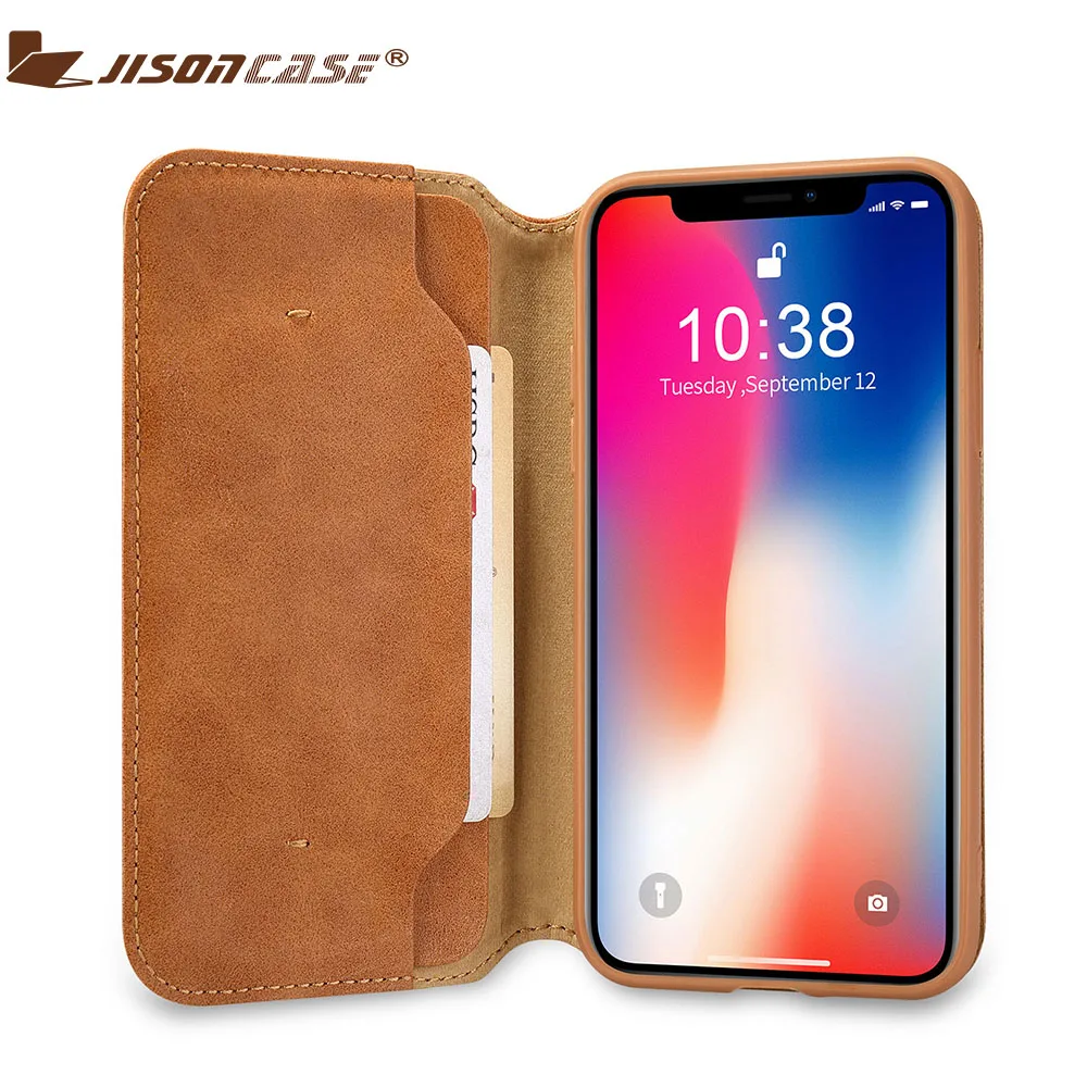 

Jisoncase Utral Thin Leather Phone Case Anti-knock Wallet Cases With Card Pocket Business Vintage Smart Cover Funda For iPhone X