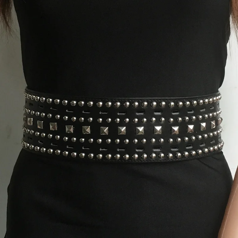 New Fashion Punk Metal Rivet Elastic Waist belt Unisex Wide Belt Hollow out Cummerbund for Women Girdle Dress Decoration | Аксессуары