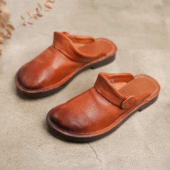 

101-3 New Summer Retro Handmade Cowhide Leather Shoes Literary Round Head Simple Casual Cowhide Female Slippers