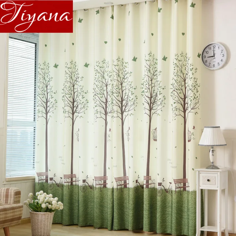 Корейский зеленый занавески с изображением дерева принт вуаль шторы на окно