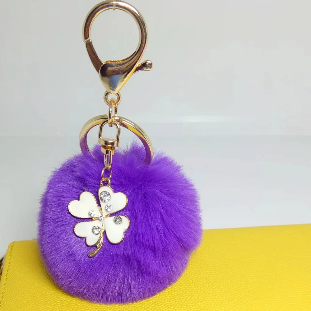 

NEW Lovely Four Leaf Clover Pom Poms Imitation Rabbit Fur Ball Toy Doll Bag Car Key Ring Monster Keychain Jewelry Gift