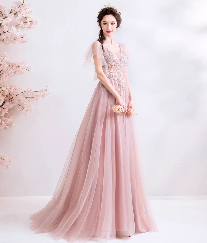 Женское вечернее платье до пола SSYFashion роскошное розовое с кружевной аппликацией