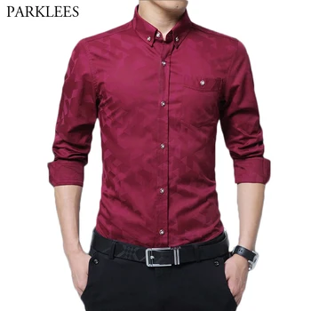 

Brand Wine Red Button Down Shirt for Men 2019 Spring New Slim Fit Long Sleeve Dress Shirts Mens Business Casual Pocket Chemise