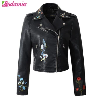 

Streetwear Fashion Embroidery Bomber Jacket Cool PU Faux Leather Jackets Lady Slim Fit Motorcycle Zipper Coat Casacos