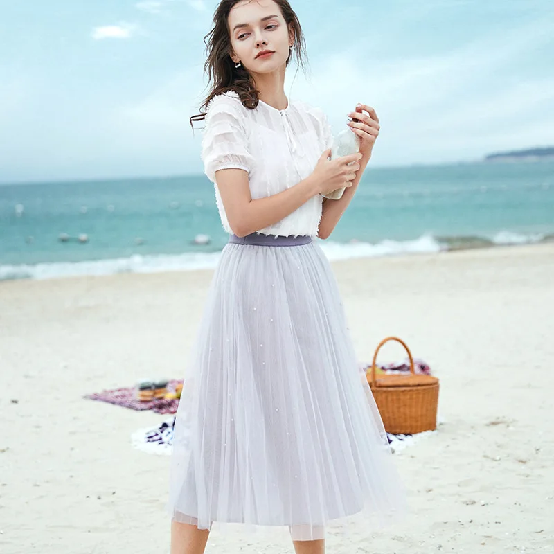 Mesh stitching pleated skirt Spring Sweet Fairy High Waist Slim Princess Irregular Lace Stitching skirt Mesh stitching pleated skirt Spring Sweet Fairy High Waist Slim Princess Irregular Lace Stitching skirt