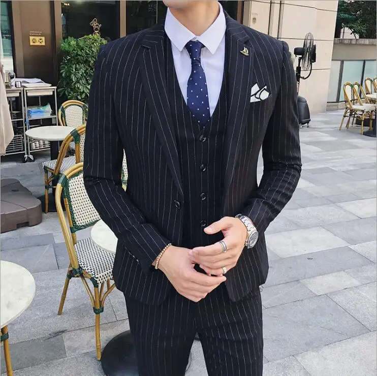Slim Fit с вертикальными полосами костюм блейзером жилета и брюк для Tuexdos юбочные