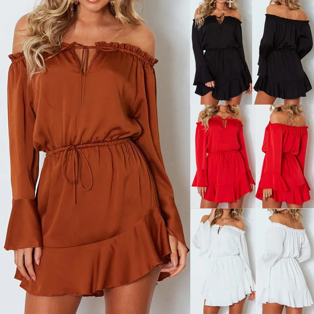 

JAYCOSIN Summer Dress Fashion Casual Solid Flare Sleeve Slash-Neck Off Shoulder Club Party Mini Dress High Quality Sexy Dresses