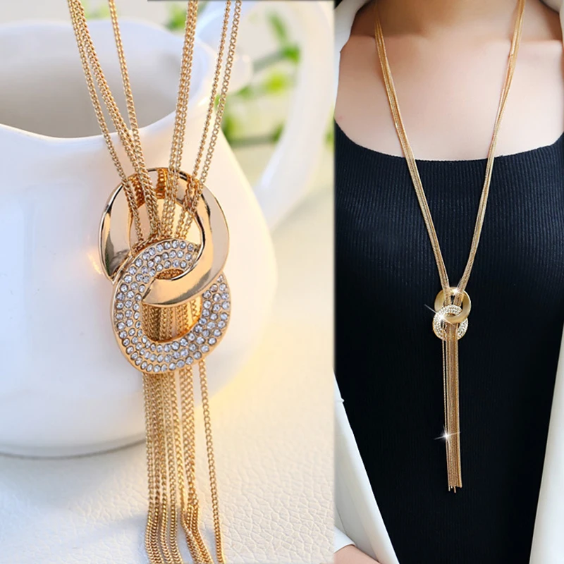 Fashion Double Gold Round Crystal Tassel Long Sweater Chain Necklace