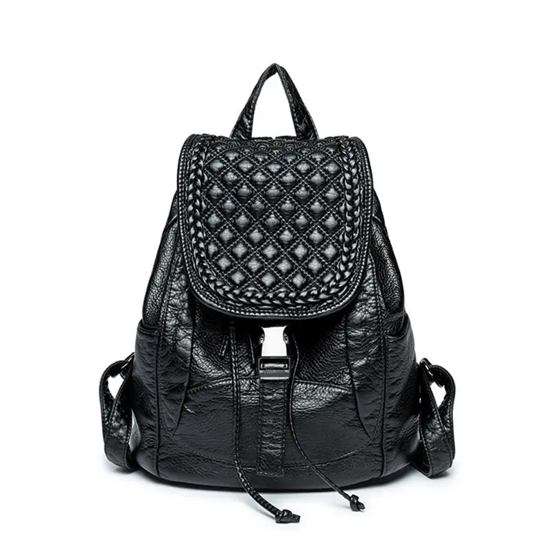 

Women PU Backpack Black Gothic Cool Soft Versatile Plaid Thread Embossing Casual Fashion School Bags Travel Female Backpacks