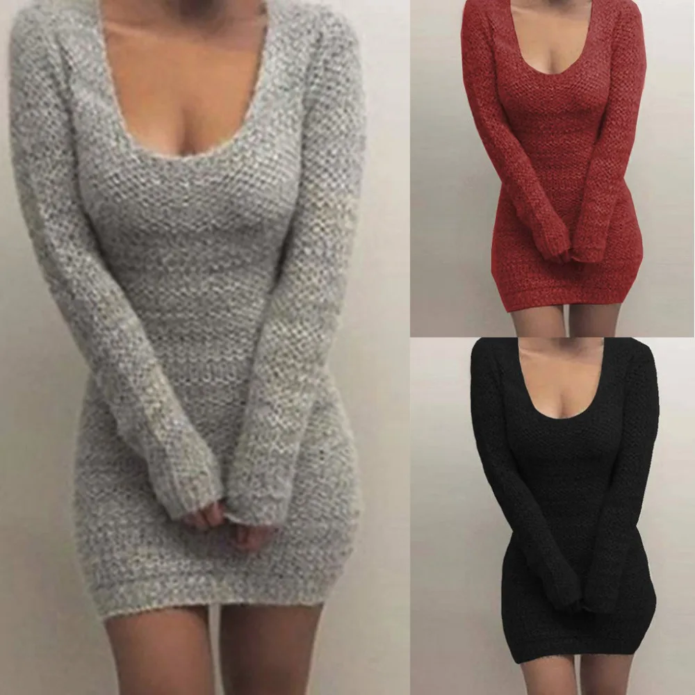 

2019 Tops Popular Women Fashion Soft Solid Bodycon Jumper Ladies Sexy O-Neck Dresses Long Sleeve Sweater