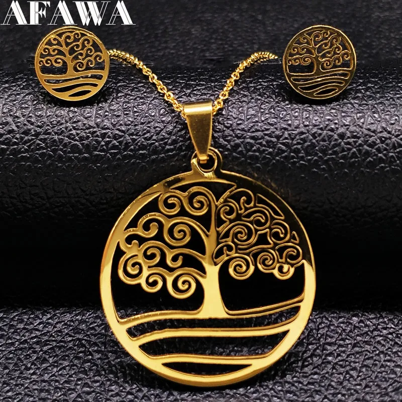 

2019 Fashion Stainless Steel Necklace Earrings Set Tree of life Gold Color Jewelry Set Women Jewellery joias feminina S178326