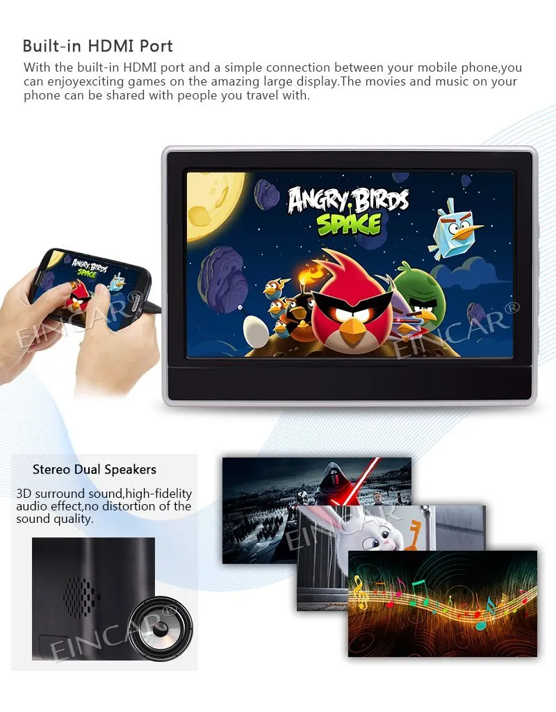 Best EinCar 11.6 inch LCD Wide Screen Car Headrest DVD Player x2 Portable Gaming Monitor with HDMI Port Built-in IR/FM Transmitter 4