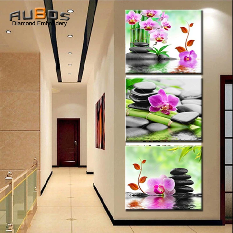 RUBOS DIY 5D diamond embroidery Flowers purple orchid triptych diamond painting cross wall modular picture 3D Pattern rhinestone (1)