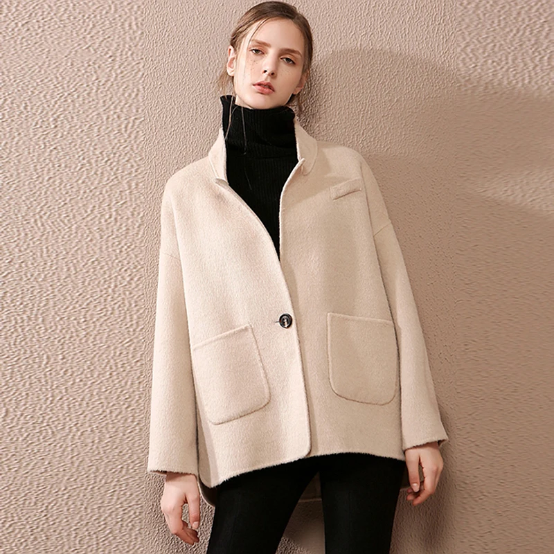 Wool Women Short Coat 100 Wool Simple Design Single Button Pockets 2 Colors Plus Size Loose