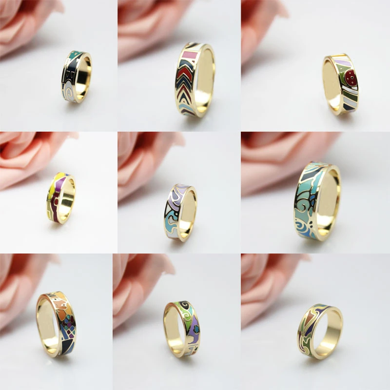 ビッグプロモーション 9 スタイルさまざまな色の羽の特殊記号薄型エナメルジュエリーリング 指輪 Aliexpress