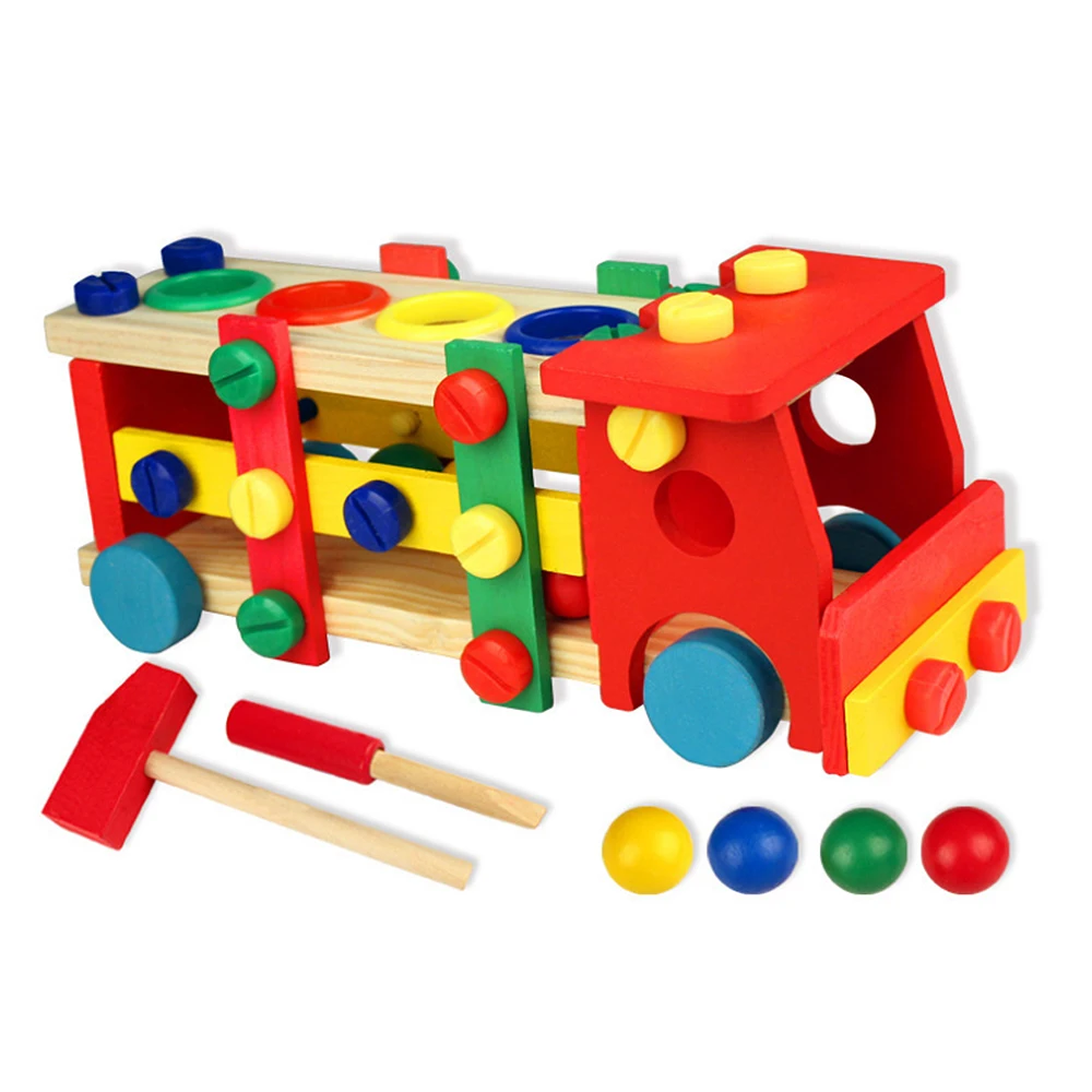 

Baby Early Educational Wooden Toy Tools Kids Tool Car Disassemble Table Games Learning Knock On The Ball Screw Assembly Toy