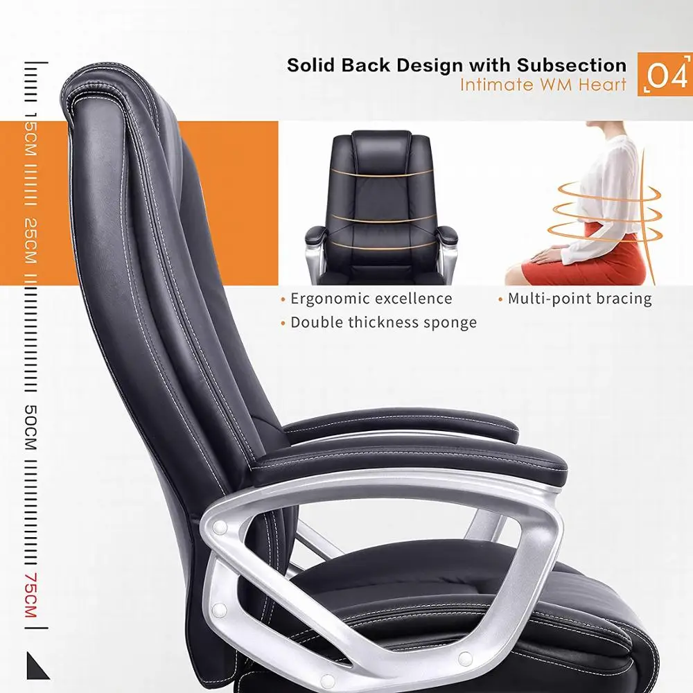 High-Back Office Chair Faux Leather Large Seat Reclining Computer Chair with Arms Adjustable Seat Synchro Tilt Swivel A35