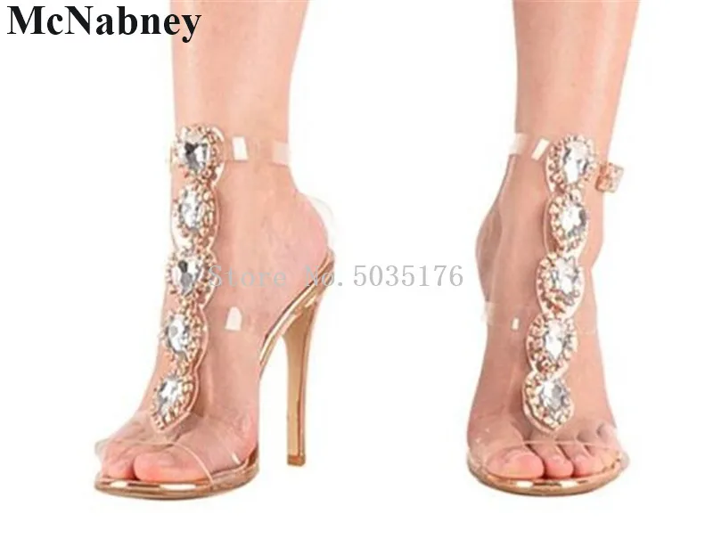 

2019 European Newest Fashion PVC Rhinestone Peep Toe Ankle Strap Buckle Women Sandals High Heel Stiletto Heel Dress Women Shoes