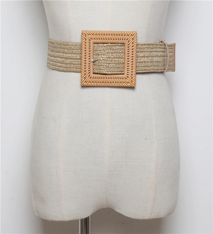 Летняя юбка из эластичного материала с имитацией из плетеной соломы талии Ремни с квадратной пряжкой, регулируемые, тканые из плетеной