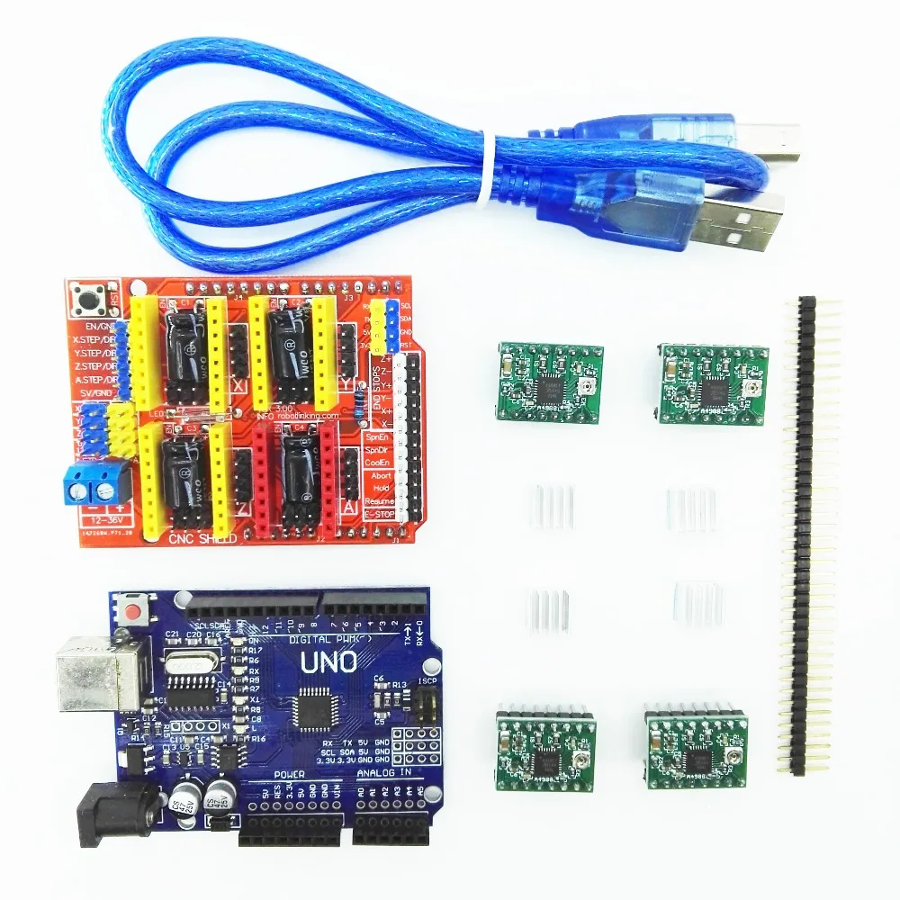 Free shipping! cnc shield v3 engraving machine 3D Printer+ 4pcs A4988 driver expansion board for Arduino + UNO R3 with USB cable