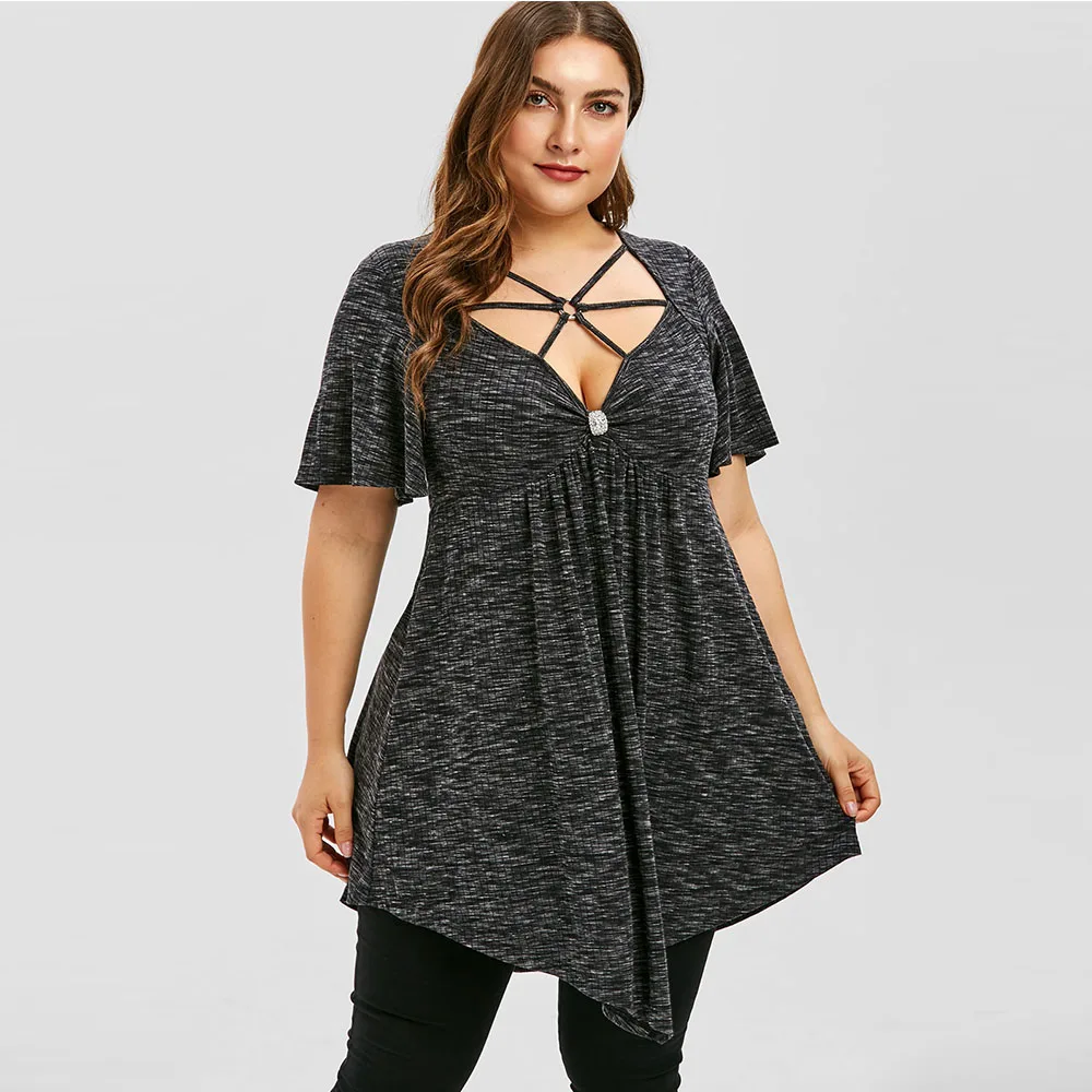 

Rosegal Plus Size Women T-Shirts Empire High Waist Low Marled T-shirt V-Neck Short Flare Sleeve A-line Summer Tops Casual Tees