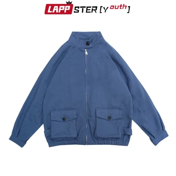 

LAPPSTER Men Harajuku Pocket Bomber Jackets 2020 Mens Korean Streetwear Hip Hop Windbreaker Jackets Coats Vintage Blue Jackets