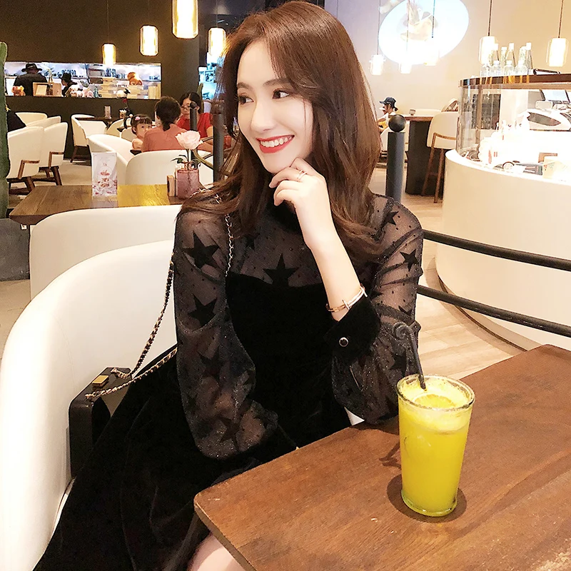 

Autumn Sexy Slim Embroidery Elegant Patchwork Basic Dress Long Lantern Sleeve Perspective Vestido A-line Tulle Party Dresses