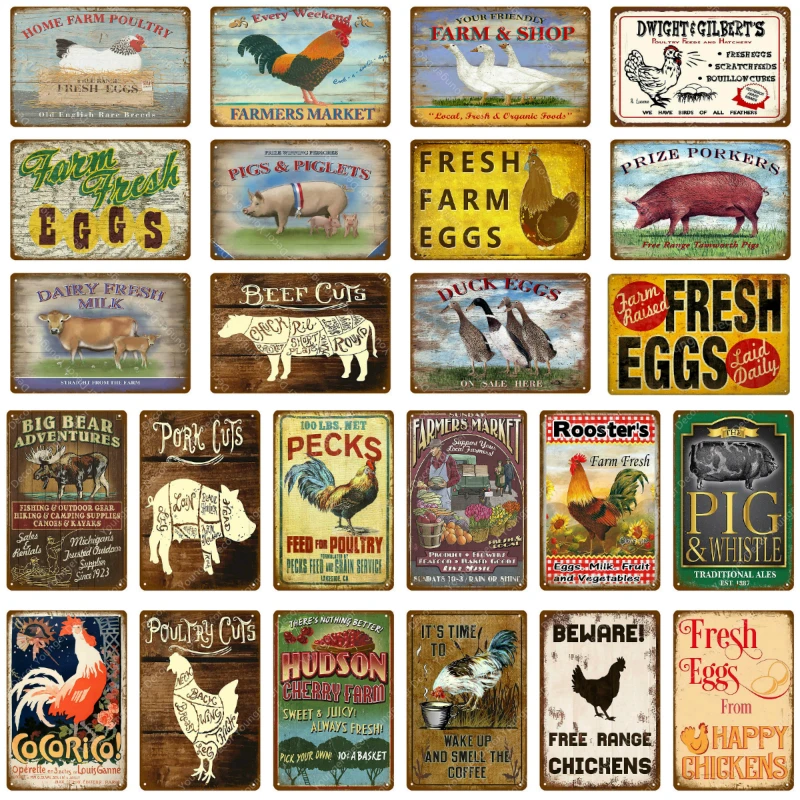 

Fresh Chicken Duck Eggs Pig Pork Cow Beef Milk Rooster Metal Tin Signs Wall Poster Painting Plaque Home Store Shop Farm Decor