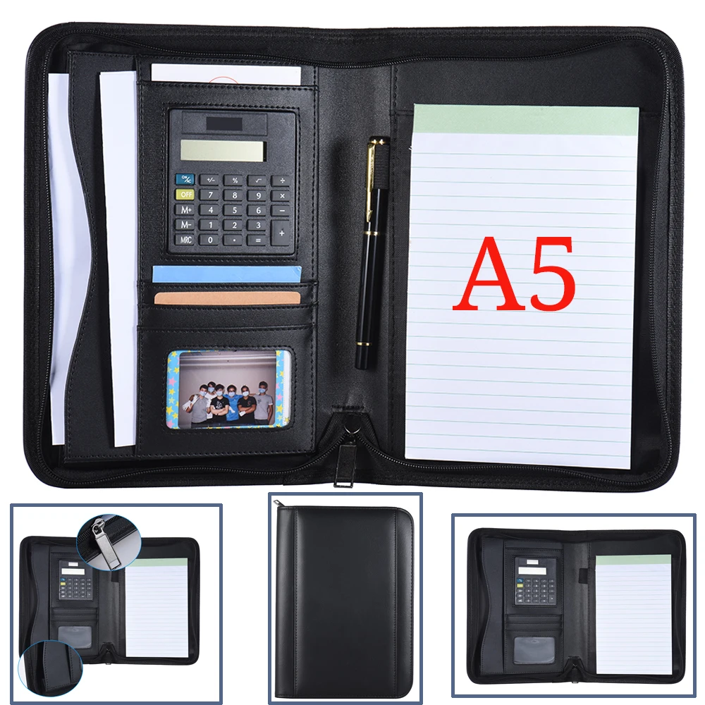 

Portable Business Portfolio Padfolio Folder Document Case Organizer A5 PU Leather Zippered Closure Calculator Card Holder Memo