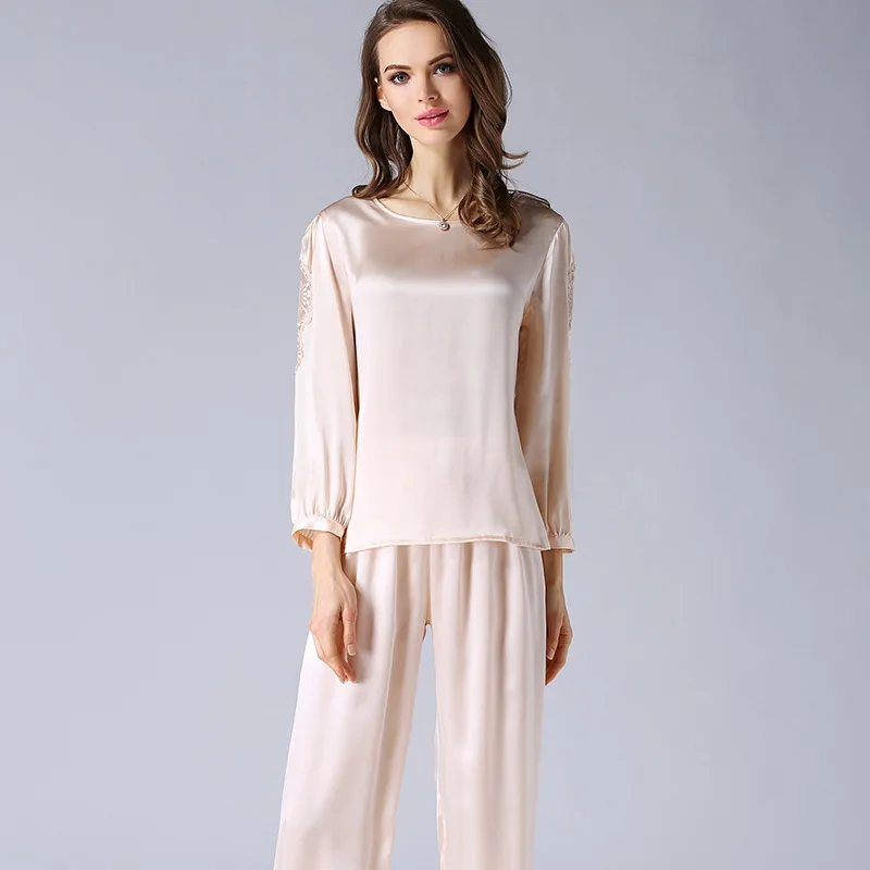 

CEARPION Women Pajama Set Silk Natural Sleepwear 2Pcs Sleep Suit Spring Nightgown Elegant Long Pajamas Female Night Wear