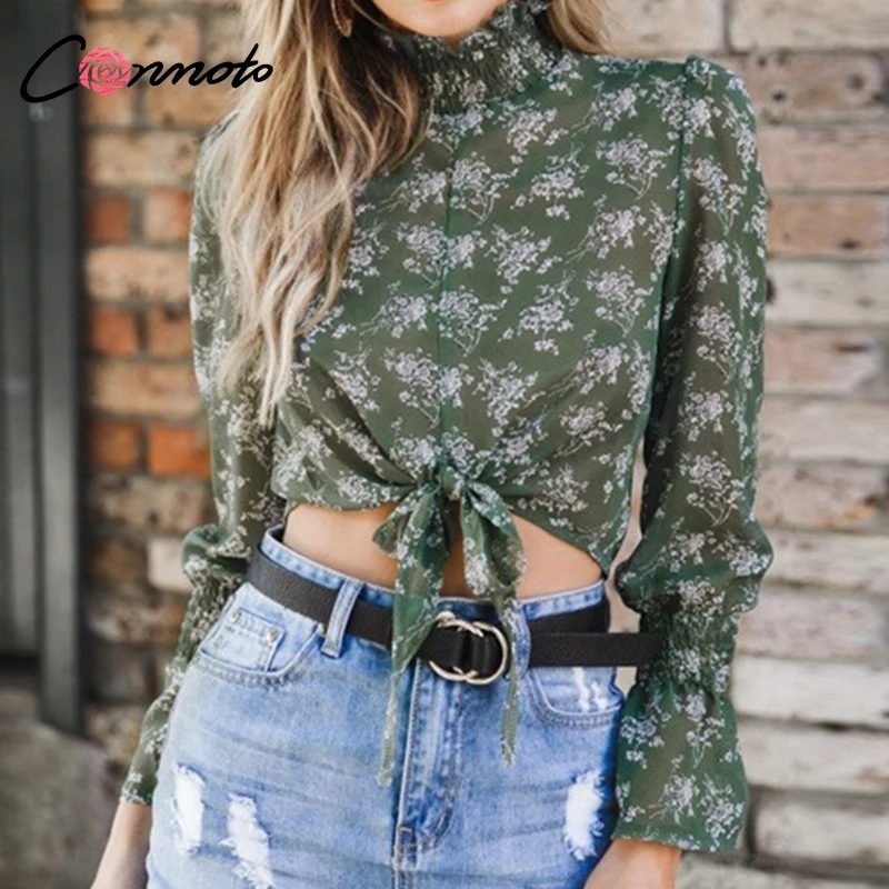 

Conmoto Short Vintage Ruffle Chiffon Mesh Blouse Women Turtleneck Long Sleeve Crop Blusa Elegant Ladies Tops And Blouses 2018