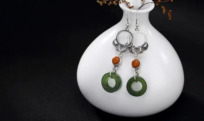 

Sterling S925 925 silver Drop Earrings Natural stone round trendy ethnic for woman earring 42MM
