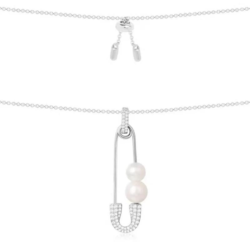 

Paper clips Pin Double Pearl Charm Pendant Necklace For Women Monaco Brand 100% pure 925 sterling silver Necklace Jewelry