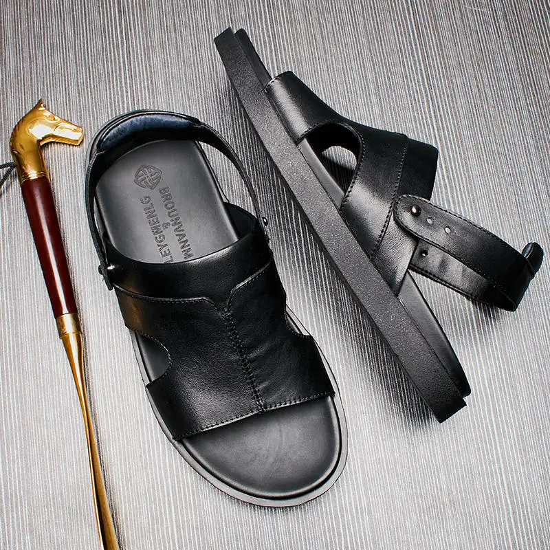 Soft Leather Men Sandals Mature and Steady Business Man Summer Slides Shoes Casual Beach Outdoor Slippers