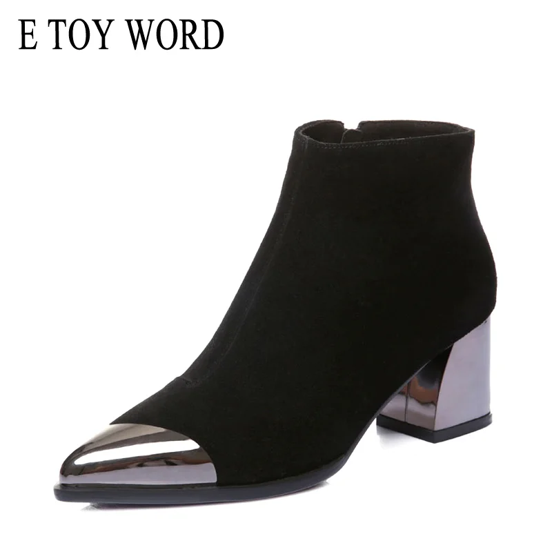 

E TOY WORD Women Booties Fashion Metal Pointed Thick heel Autumn Winter Women Boots zipper simple Black Ankle Boots
