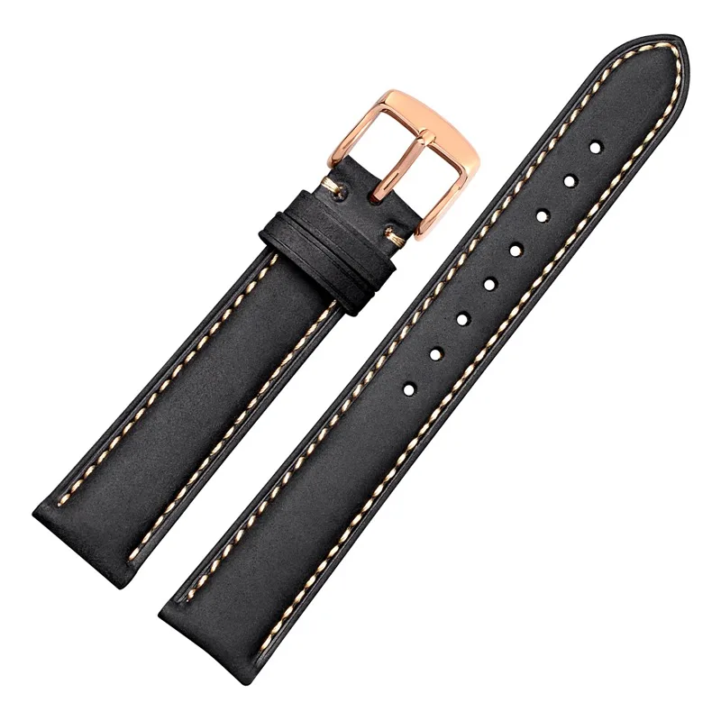 WOCCI Watch Band-винтажный кожаный ремешок для часов, выбор цвета и ширины(18 мм, 19 мм, 20 мм, 21 мм или 22 мм), Пряжка из розового золота - Цвет ремешка: Black-B