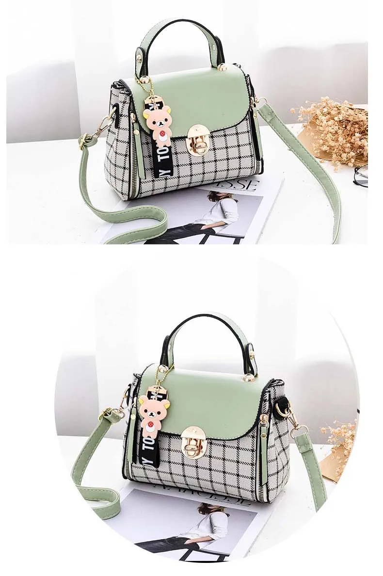 Women PU leather Plaid Bucket Handbag Fashion Panelled Small Printing Crossbody Shoulder Bag Female Elegant Bear Tote Purse Bags (9)