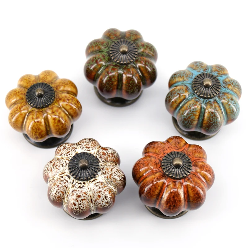 

New Design Pumpkin Shape Kitchen Cabinet Knobs Dresser Drawer Ceramic Porcelain Pulls Handles 5PCS