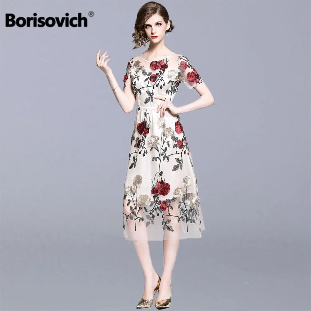 

Borisovich Women Summer Elegant A-line Long Dress New Brand 2019 Fashion Floral Embroidery Luxury Ladies Party Dresses N1091