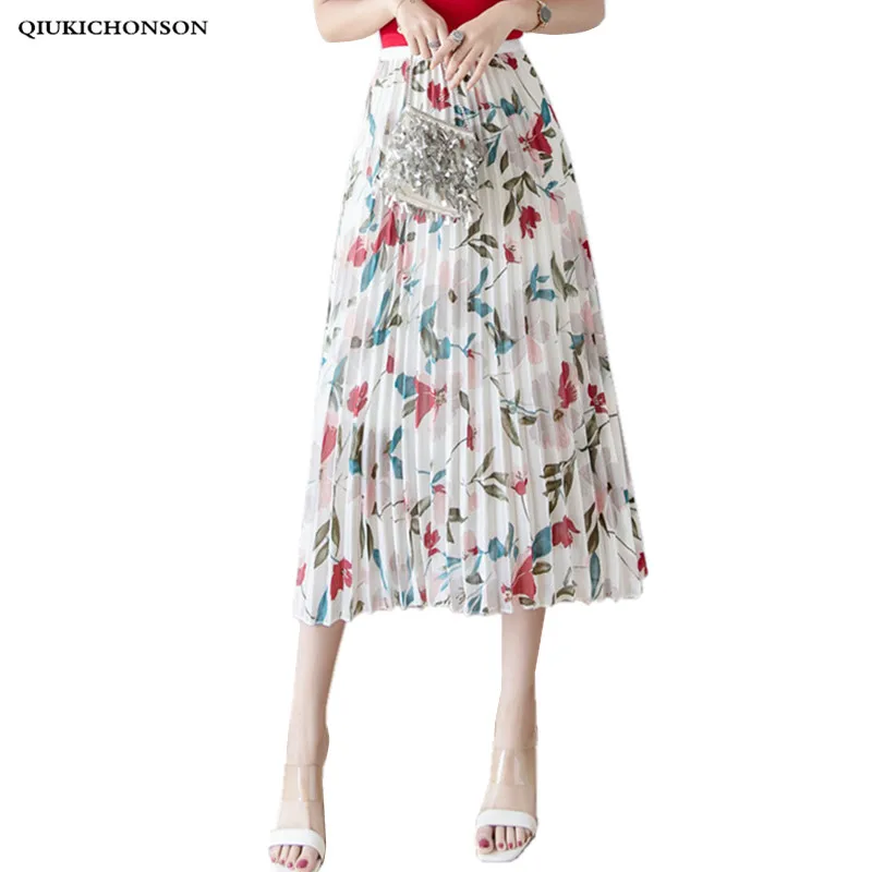 Корейская мода, шифоновая плиссированная юбка с цветочным рисунком, Женская Весенняя летняя длинная юбка средней длины с высокой талией, Женская юбка трапециевидной формы с эластичной талией