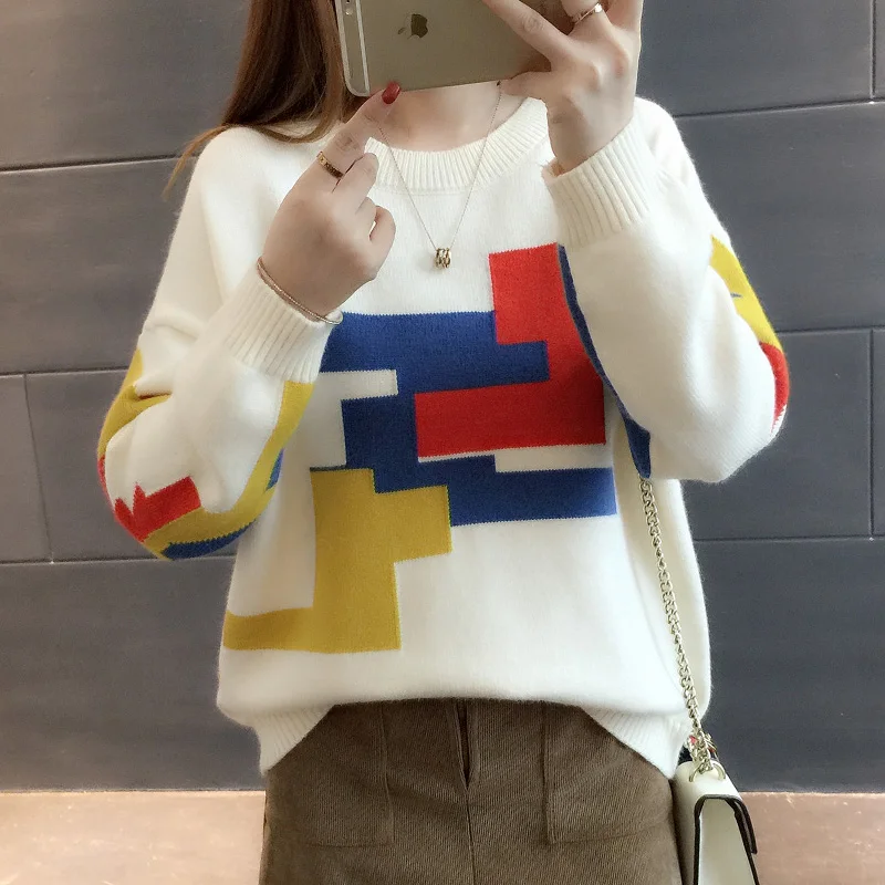 

2019 autumn and winter new Korean version of the sweater sweater personality hit color short round neck collar
