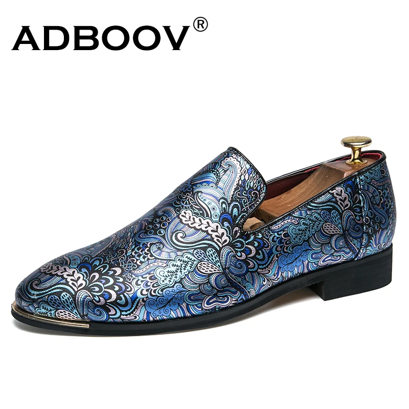 

ADBOOV Print Leather Loafers Men Shoes Slip On Semi Dress Shoes Men Round Toe Casual Shoes Low Heel Men Flat Formal Shoes