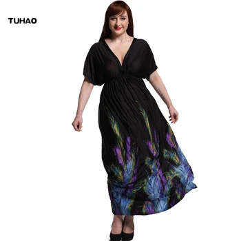 

TUHAO Bohemian Maxi Long Dress Summer Woman Loose Print Dresses Swing Elasticity Waist Vestdidos For Women Plus Size 7XL CM11