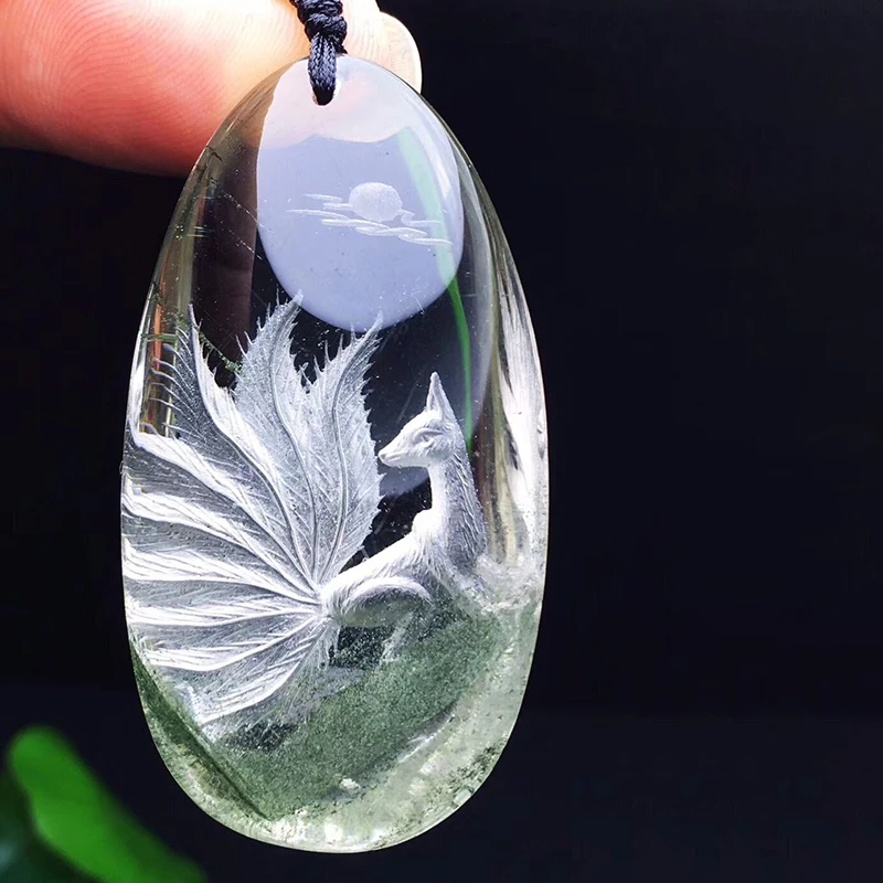 

Natural Green Ghost Crystal Pendants Hand Carved Nine Tails Fox Sweater Chain Necklace Lucky for Women Men Jewelry