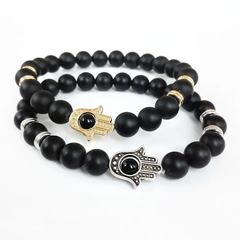 Gold Silver Hamsa Hand Charms Bracelet Yoga Mala Bracelets Nature Gold Silver Hamsa Hand Charms Bracelet Yoga Mala Bracelets Nature 8mm Black Matte Onyx Energy Stone Beads In Strand From Jewelry