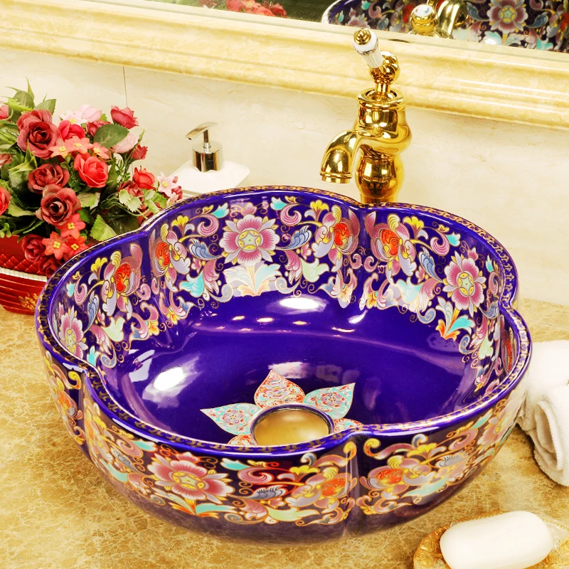 China Handmade Lavabo Washbasin bathroom sink bowl countertop Flower Shape Ceramic wash basin bathroom sink (5)