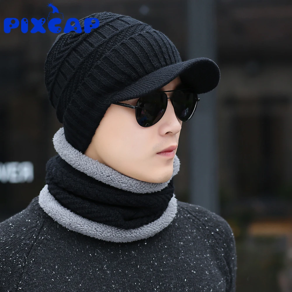 Beanie Neck Warmer Set Winter Thicker Fleece Hat, Men Adult Winter