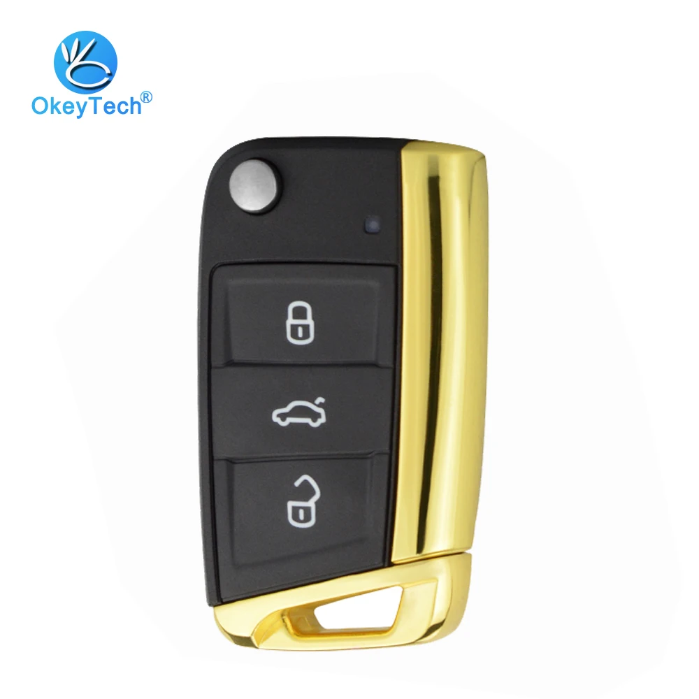 OkeyTech 3 Button Gold Shiny Metal Side Flip Folding Remote Car Key Shell for V W Golf 4 6 7 MK7 T5 Passat B5 Octavia Skoda