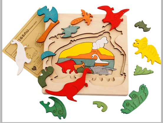 Деревянный многомерный Сказочник головоломка куб 3 слоя история мультфильм динозавр животное раннее образование Монтессори игрушки - Цвет: Dinosaur