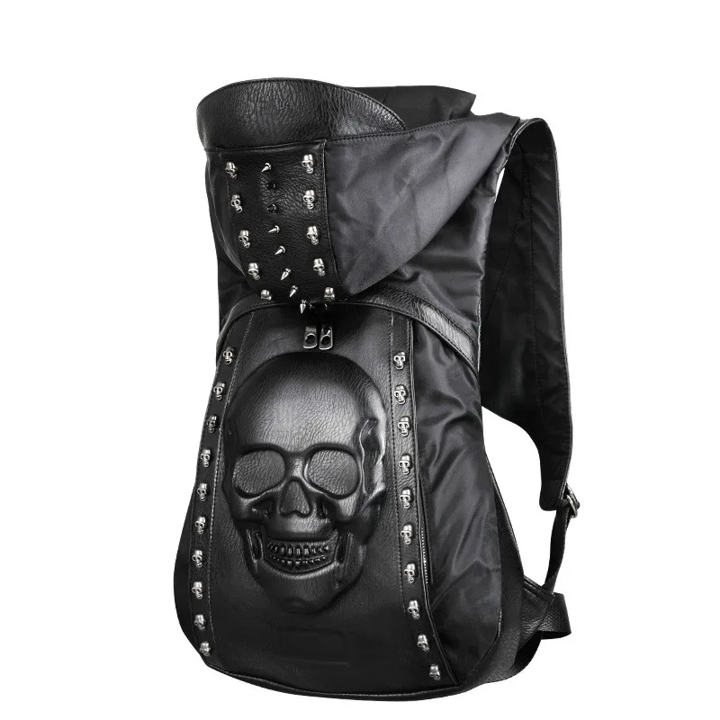 

Fashion Backpack Men Black Leather Bag 3D Skull Lion Wolf Head Pattern Rivet Creative Special Teenager Boy Girl Leather Backpack